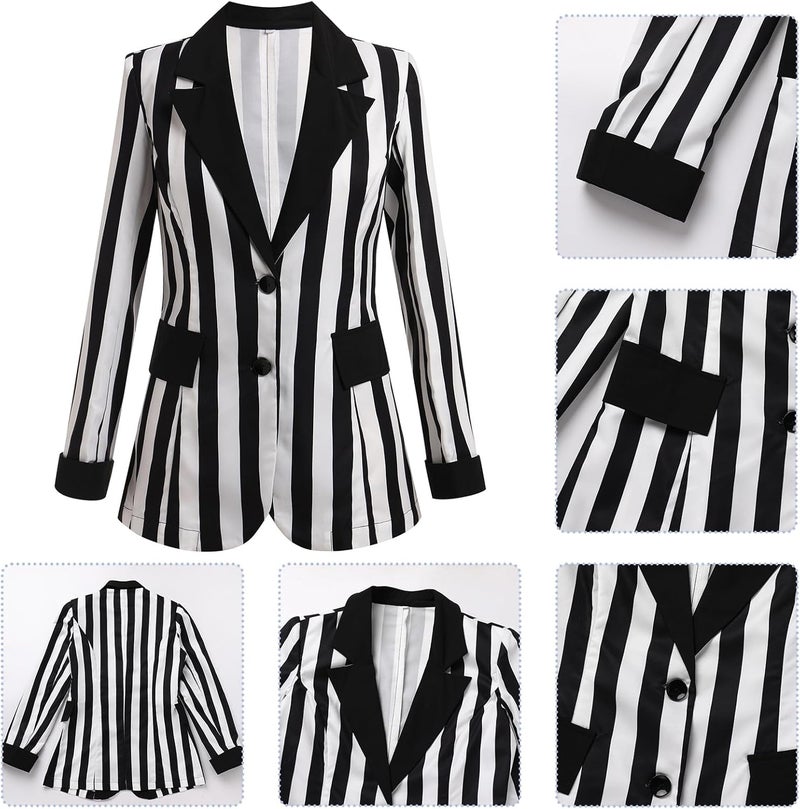 OBEEII Womens Black and White Striped Blazer Long Sleeve Single-Breasted Button Vertical Striped Blazer Office Work Jacket - Image 5